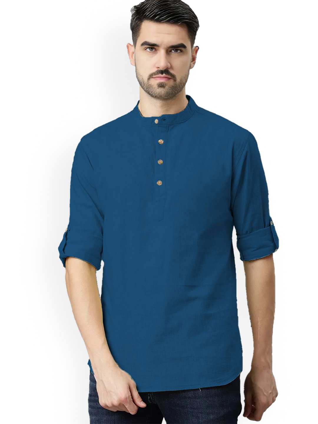 

univibe Band Collar Pure Cotton Slim Fit Straight Short Kurta, Navy blue