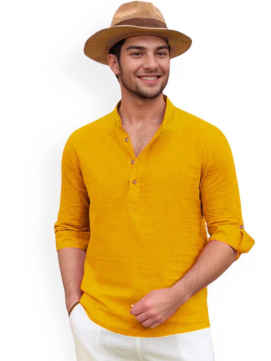 

univibe Band Collar Roll-Up Sleeves Pure Cotton Slim Fit Short Kurta, Yellow