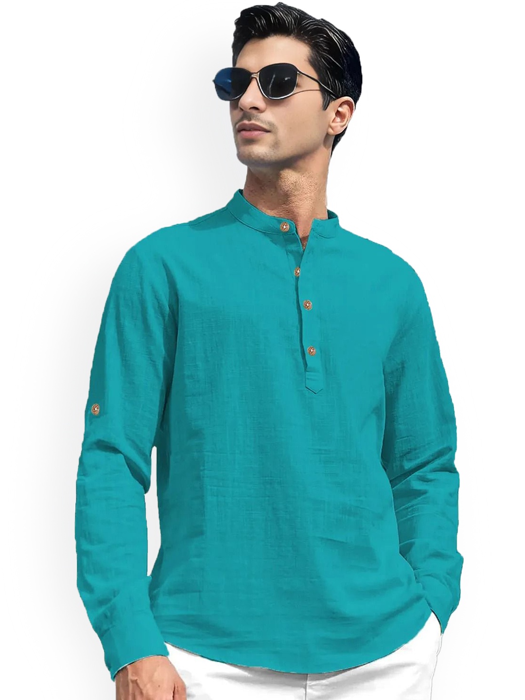 

univibe Band Collar Roll-Up Sleeves Pure Cotton Slim Fit Short Kurta, Turquoise blue