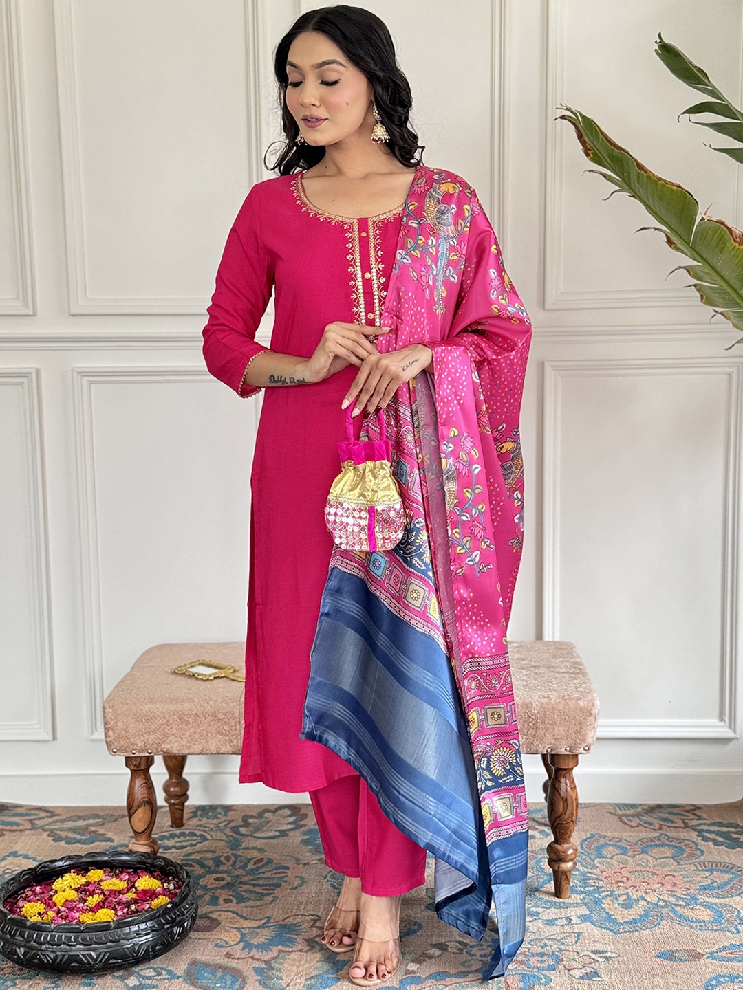 

THE52 Women Floral Embroidered Regular Sequinned Kurta with Trousers & With Dupatta, Pink