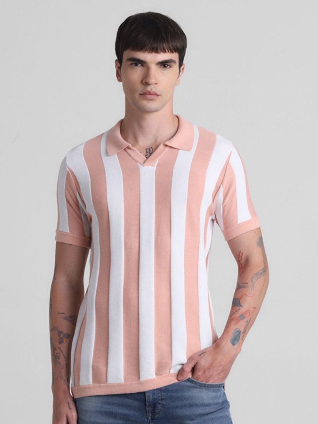 

Jack & Jones Men Striped Polo Collar Extended Sleeves T-shirt, Pink
