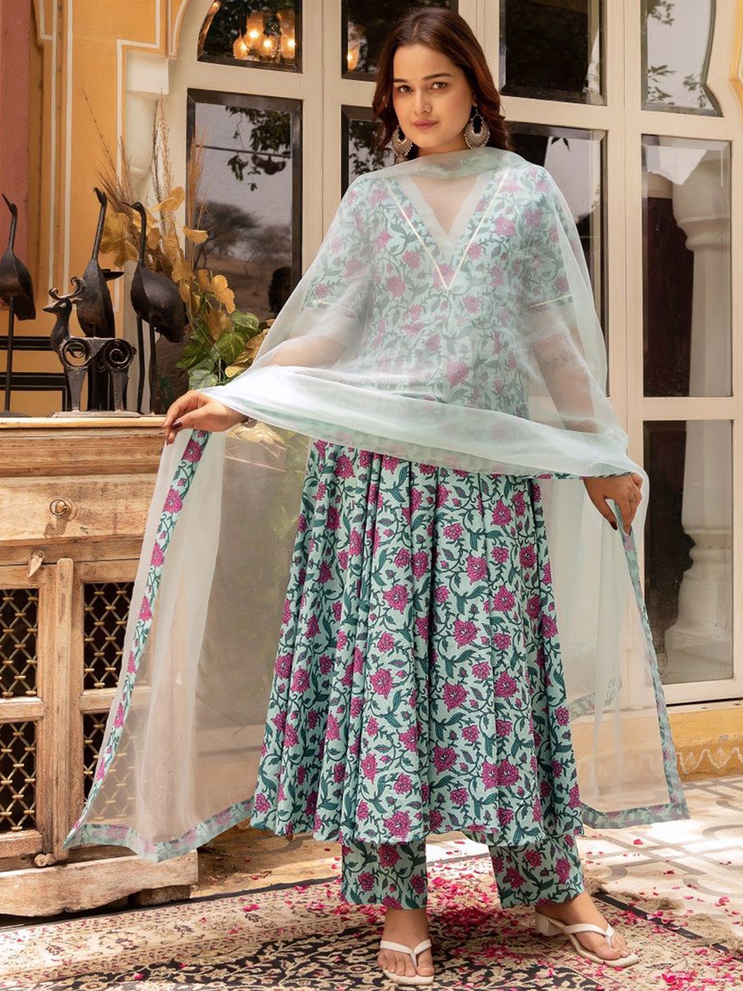 

Pomcha Women Floral Printed Angrakha Pure Cotton Kurta with Trousers & With Dupatta, Blue