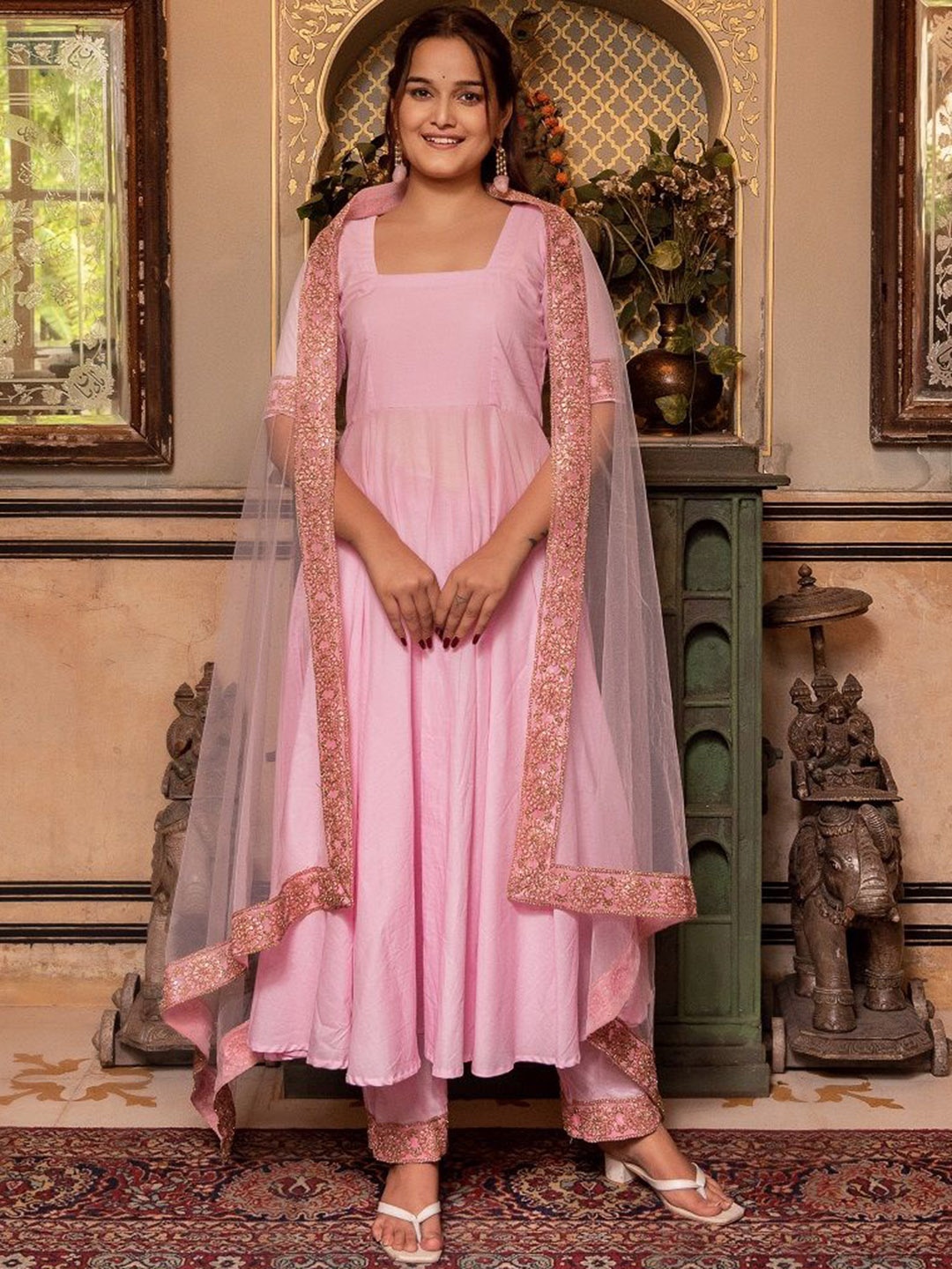 

Pomcha Women Regular Zardozi Pure Cotton Kurta with Trousers & With Dupatta, Pink