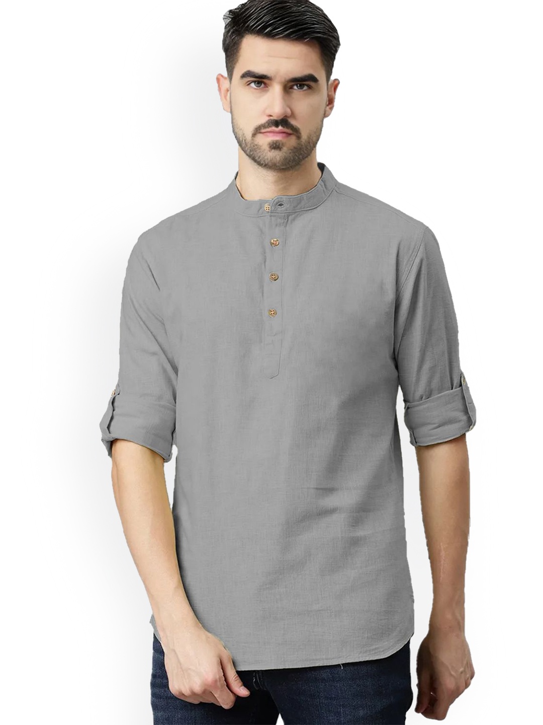 

univibe Band Collar Roll-Up Sleeves Pure Cotton Slim Fit Short Kurta, Grey