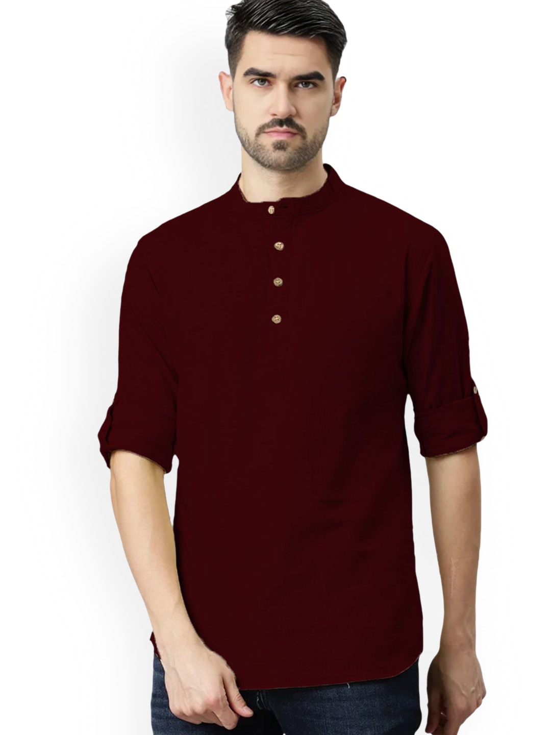 

univibe Band Collar Roll-Up Sleeves Pure Cotton Slim Fit Short Kurta, Maroon