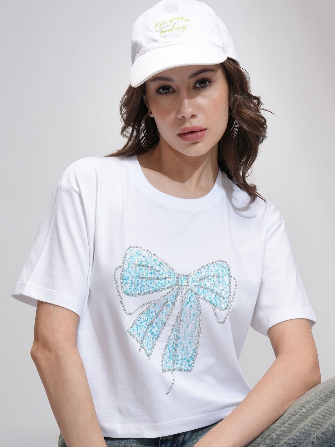 

Tokyo Talkies Women Embellished Relaxed Fit Crop T-shirt, White