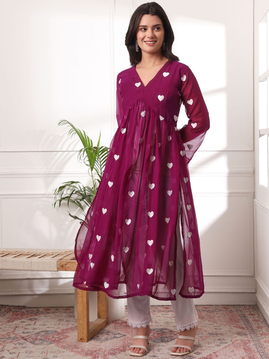 

Mitera Women Embroidered Pleated Thread Work Kurta with Pyjamas, Purple