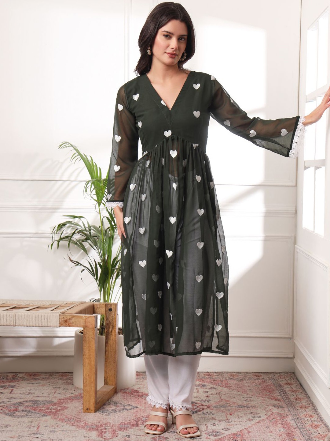 

Mitera Women Embroidered Pleated Thread Work Kurta with Trousers, Green