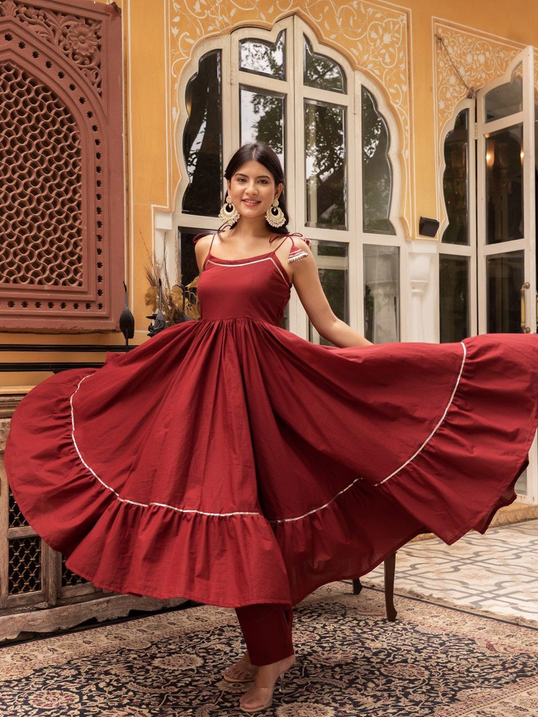 

Pomcha Women Regular Gotta Patti Pure Cotton Kurta with Trousers & With Dupatta, Maroon
