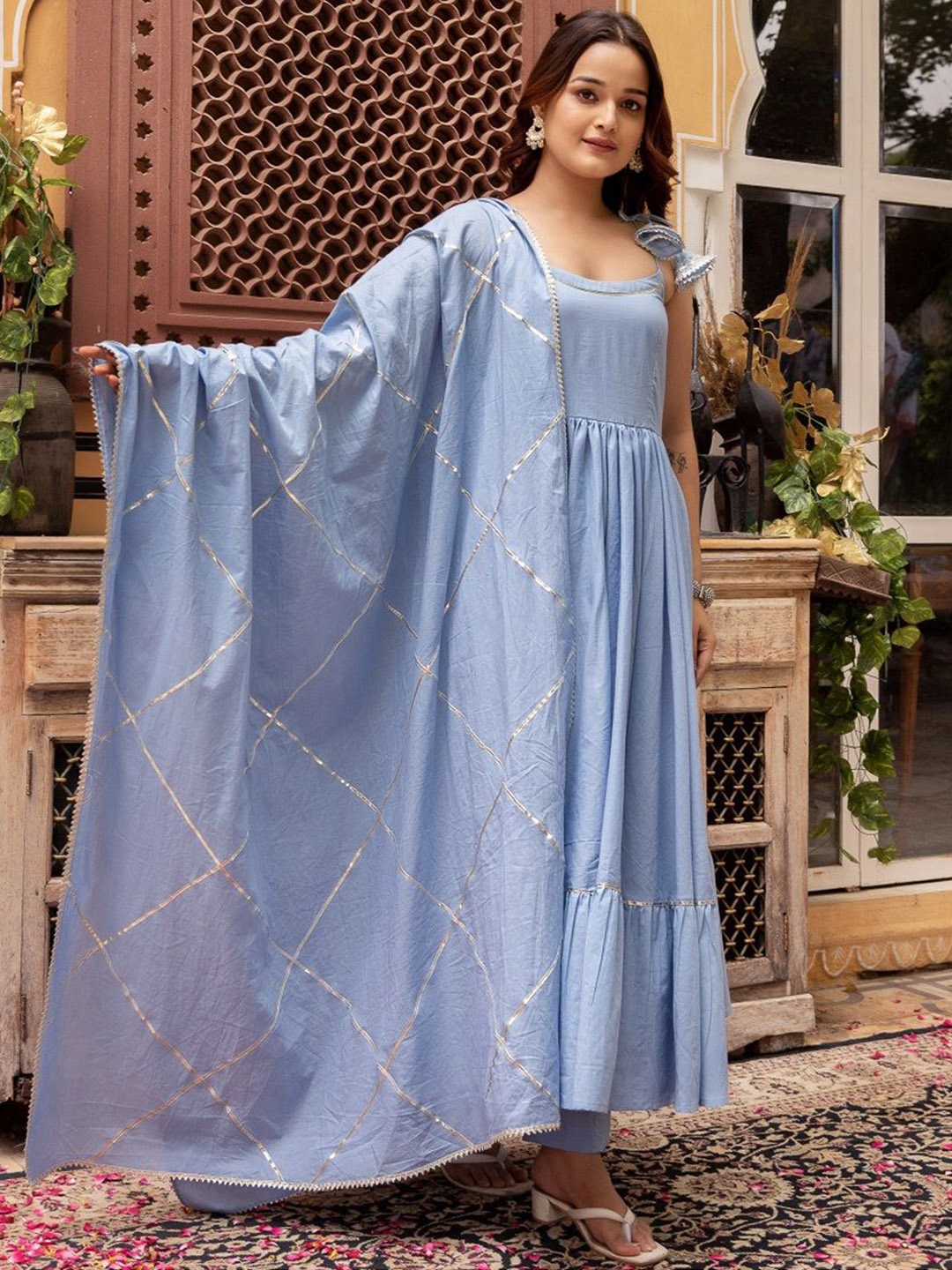

Pomcha Women Regular Pure Cotton Kurta with Trousers & With Dupatta, Blue