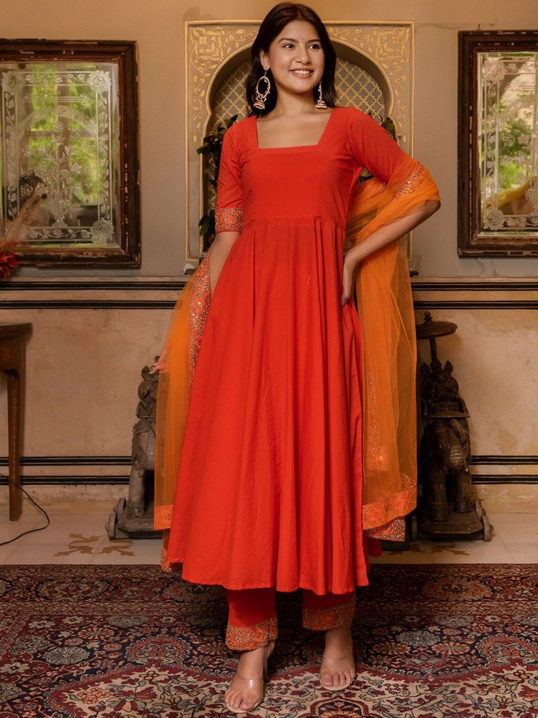 

Pomcha Women Regular Pure Cotton Kurta with Trousers & With Dupatta, Orange