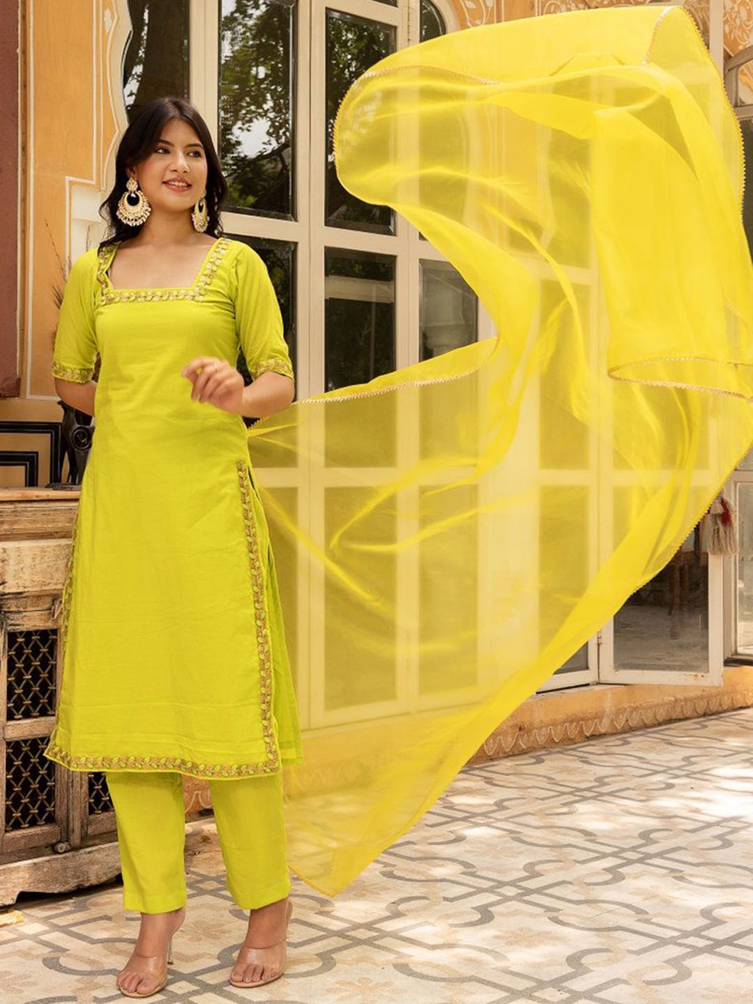 

Pomcha Women Embroidered Regular Sequinned Pure Cotton Kurta with Trousers & With Dupatta, Lime green