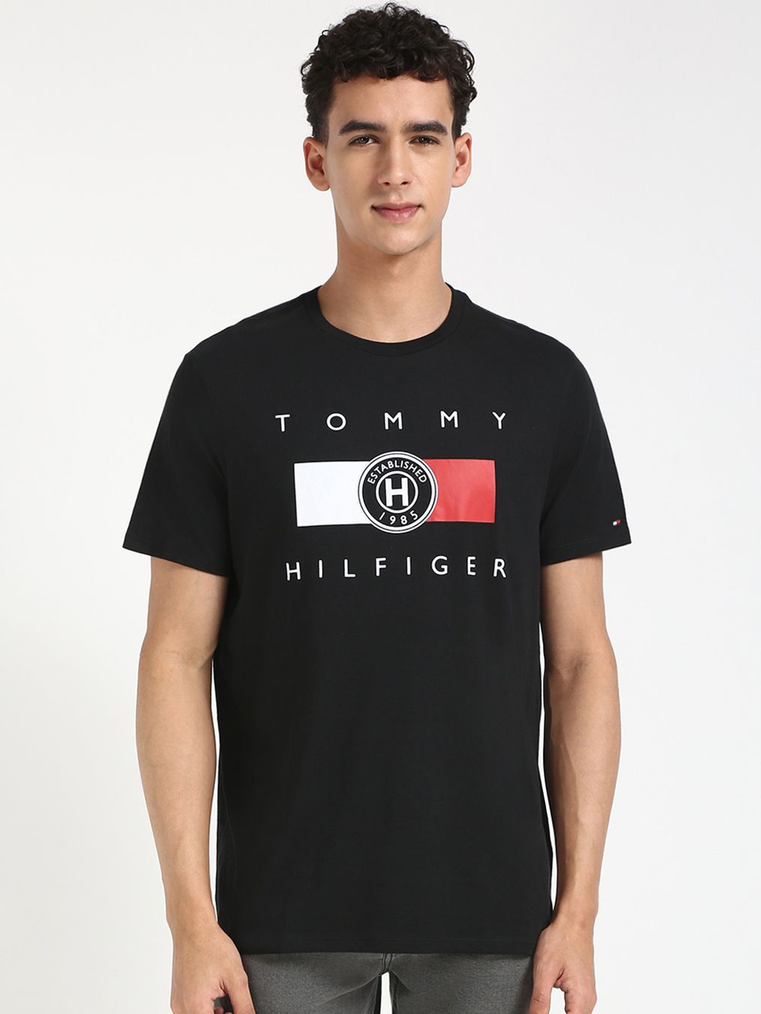 Tommy Hilfiger Men Typography Printed Applique T-shirt, Black