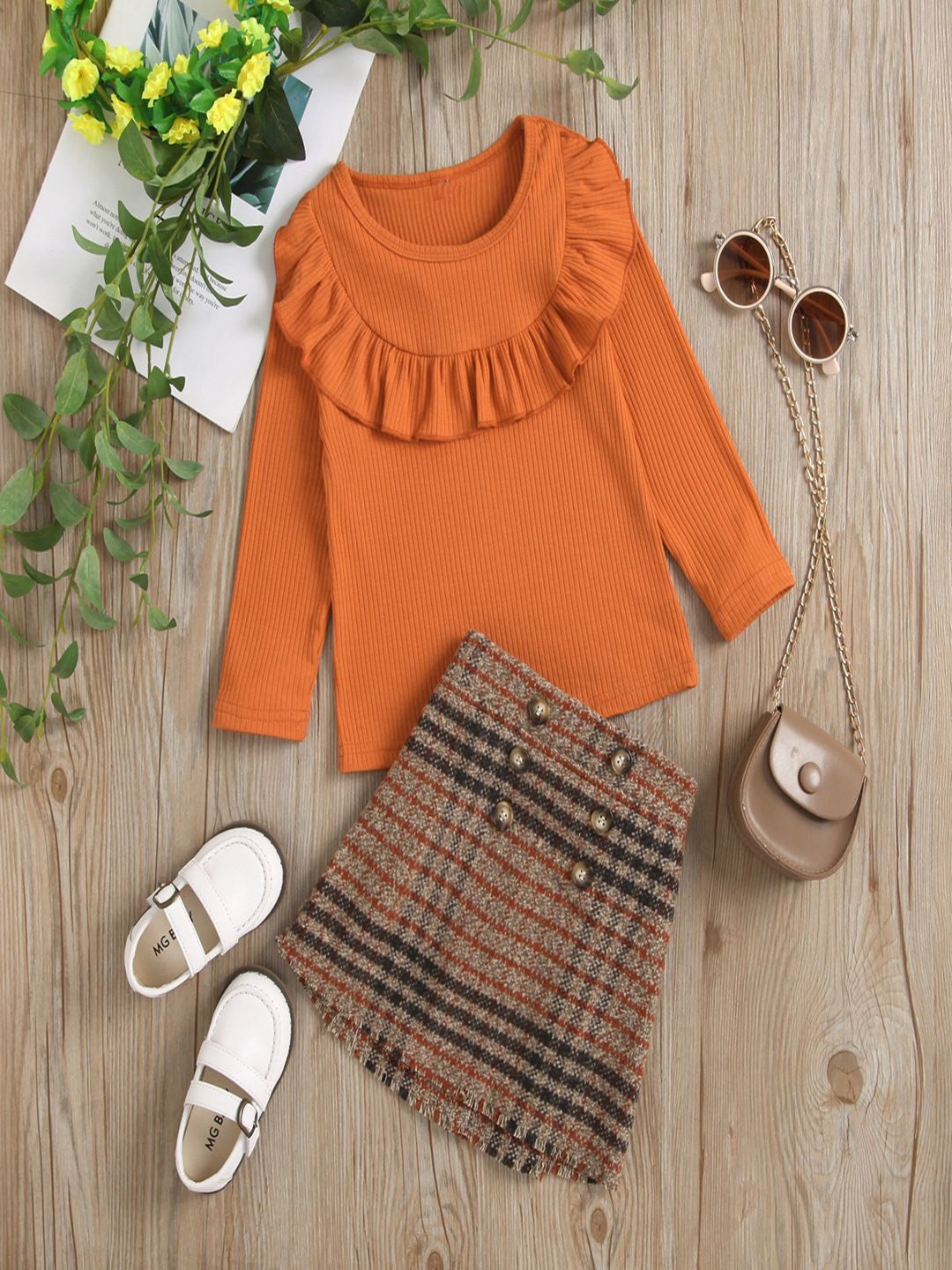 

YK Girls Long Sleeve Top & Skirt Clothing Set, Orange