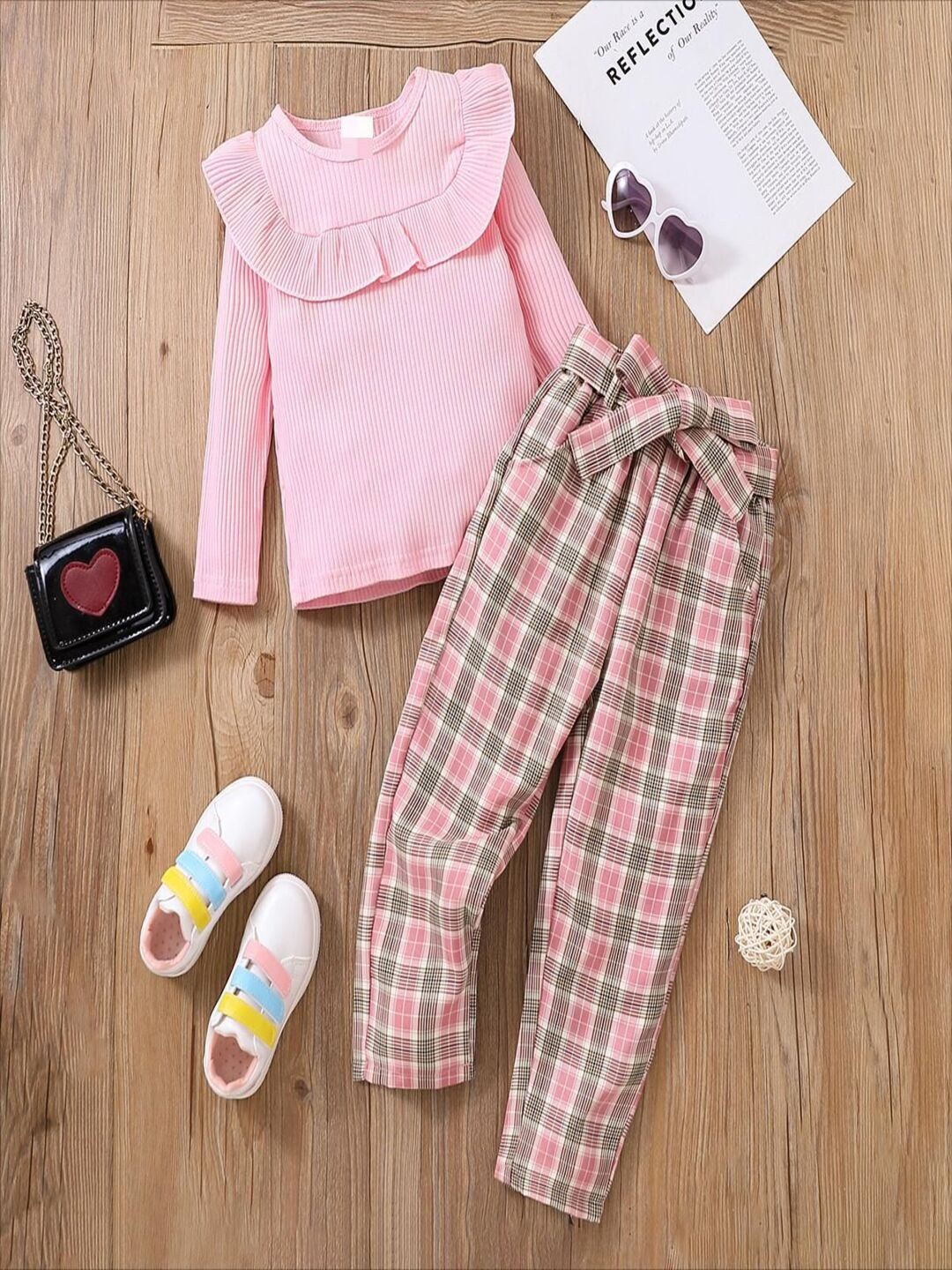 

YK Girls Long Sleeves Top With Checked Trousers Clothing Set, Pink