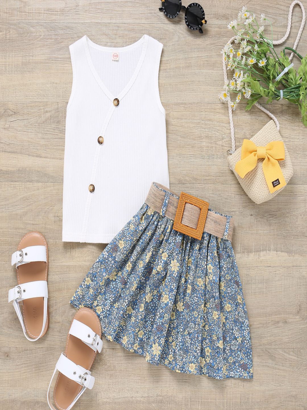 

YK Girls Sleeveless Top With Skirt, White