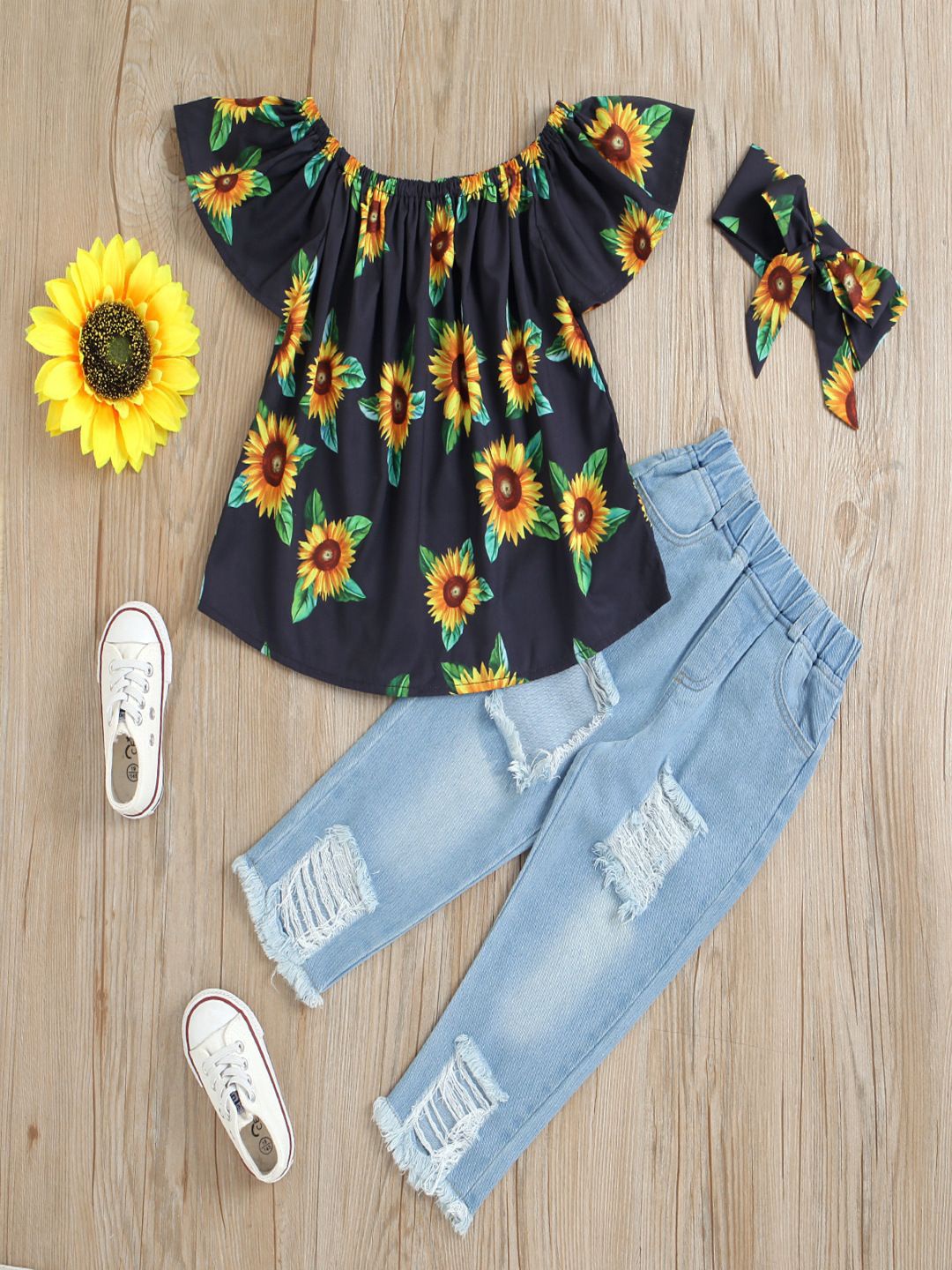 

YK Girls Sun Flower Printed Top With Trousers, Black