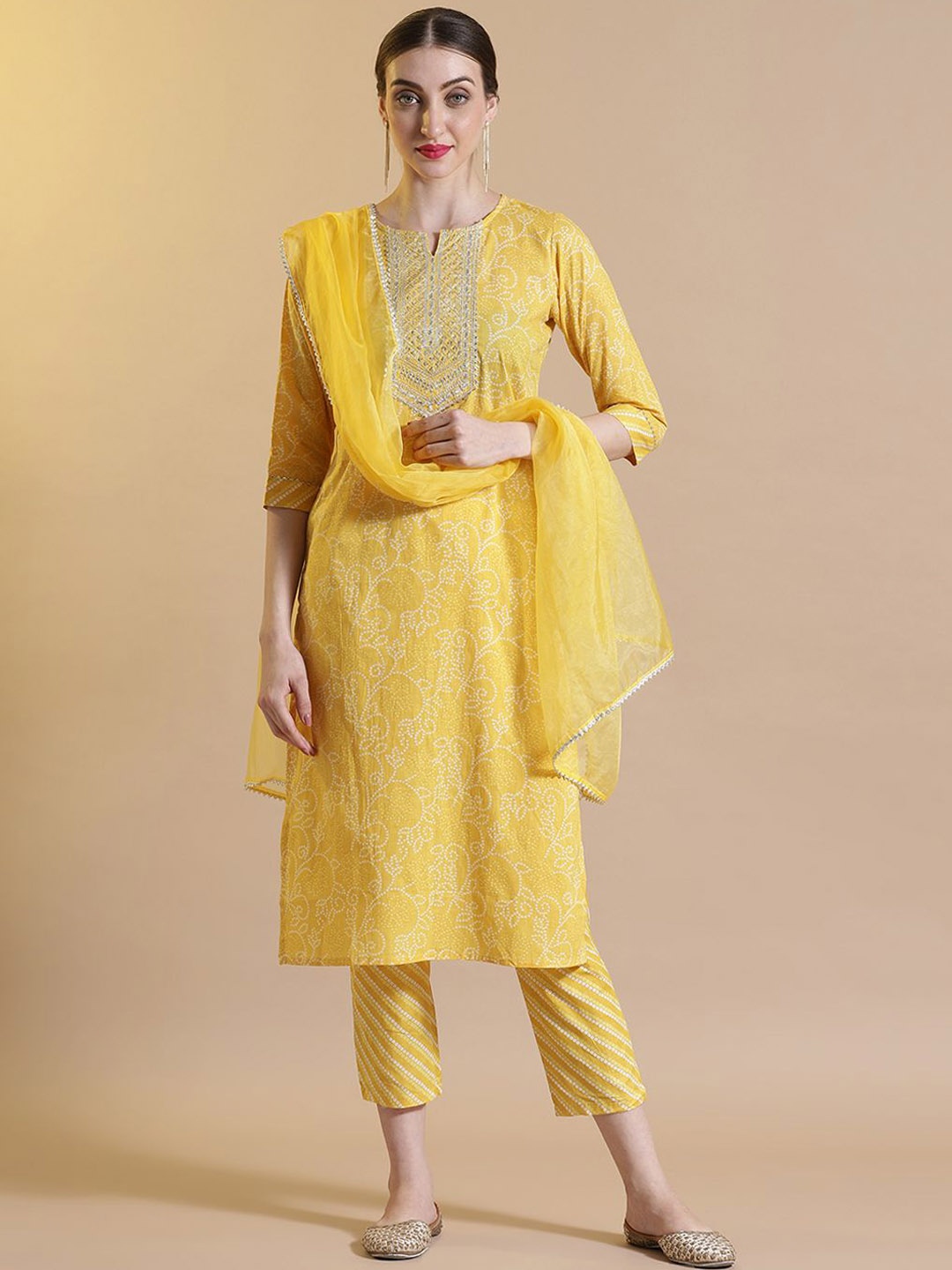 

STYLEBAAZI Floral Embroidered Pure Cotton Straight Kurta With Trouser & Dupatta, Yellow