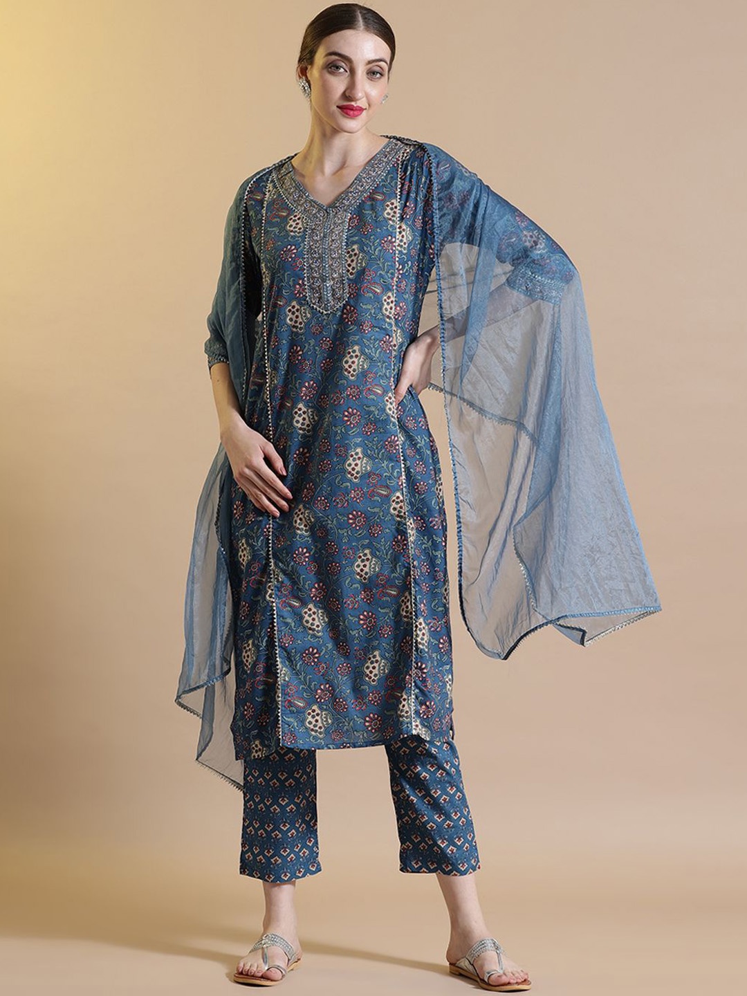 

STYLEBAAZI Ethnic Motifs Printed Gotta Patti Pure Cotton Kurta With Trousers And Dupatta, Navy blue