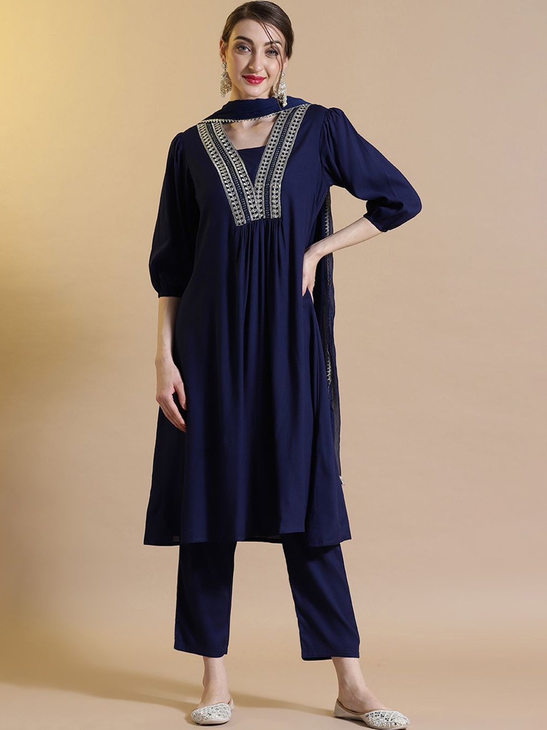 

STYLEBAAZI Ethnic Motifs Yoke Design Zari A-Line Kurta With Trousers And Dupatta, Navy blue