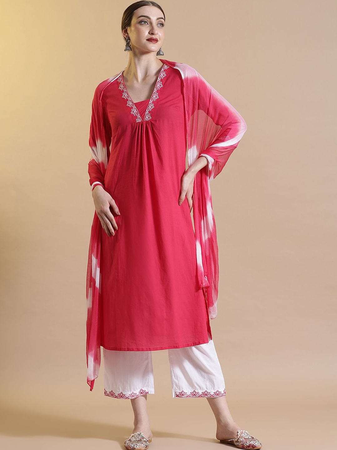 

STYLEBAAZI Notch Neck Pleated Thread Work A-Line Kurta With Trouser And Dupatta, Red