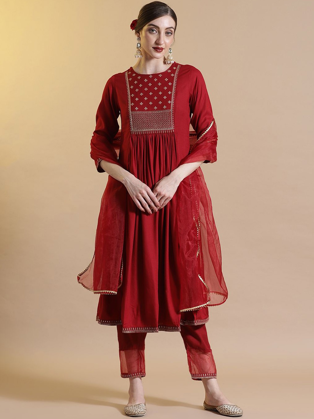 

STYLEBAAZI Floral Yoke Design Pleated Sequinned A-Line Kurta With Trouser And Dupatta, Red