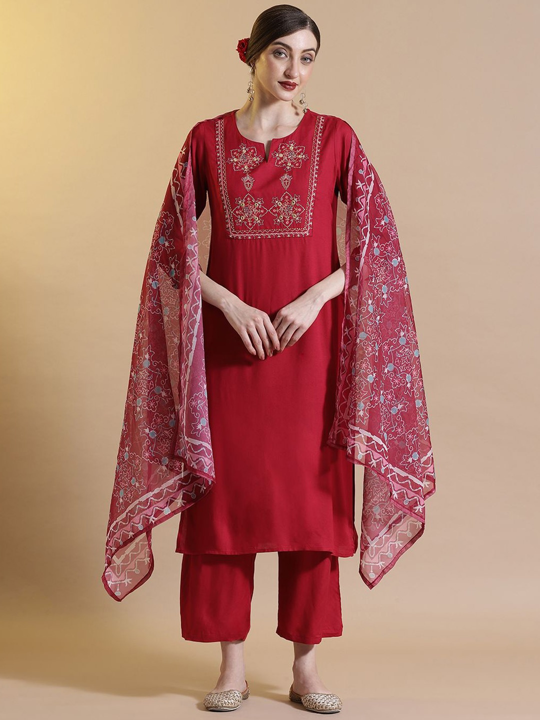 STYLEBAAZI Ethnic Motifs Yoke Design Thread Work Kurta With Trousers And Dupatta, Red