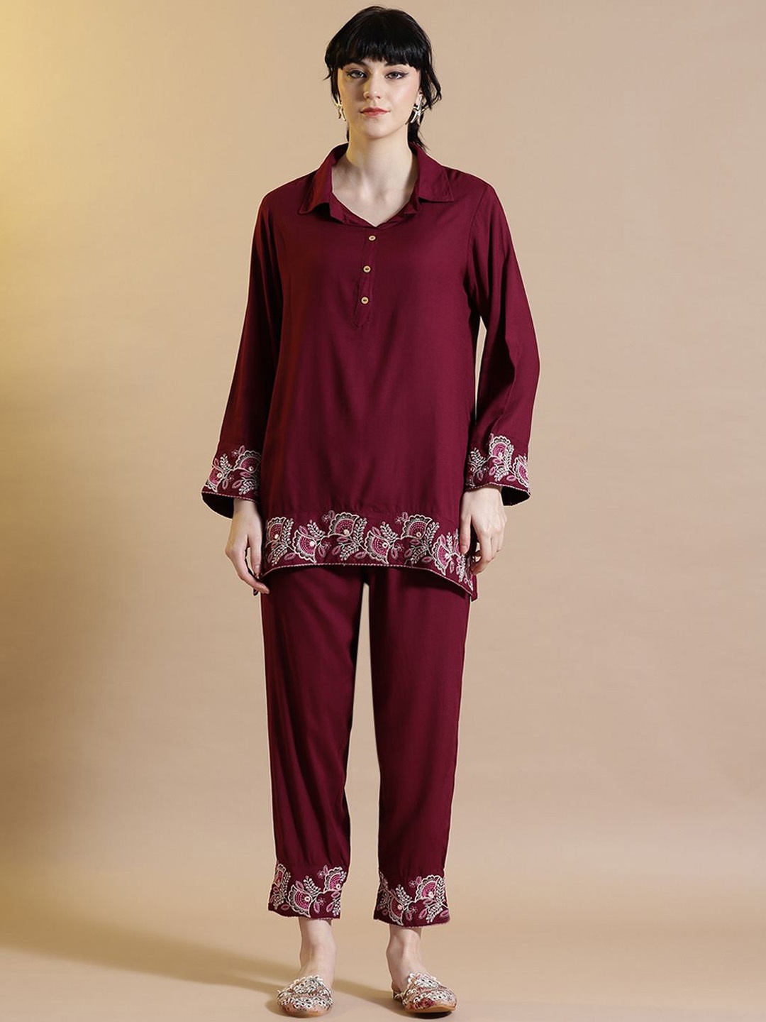 

STYLEBAAZI Floral Embroidered Pure Cotton Straight Kurta With Trouser, Maroon
