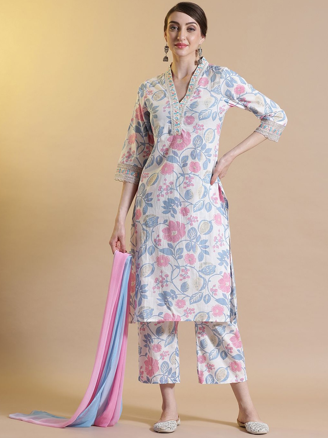 

STYLEBAAZI Floral Printed Pure Cotton V-Neck Straight Kurta With Trousers And Dupatta, Off white