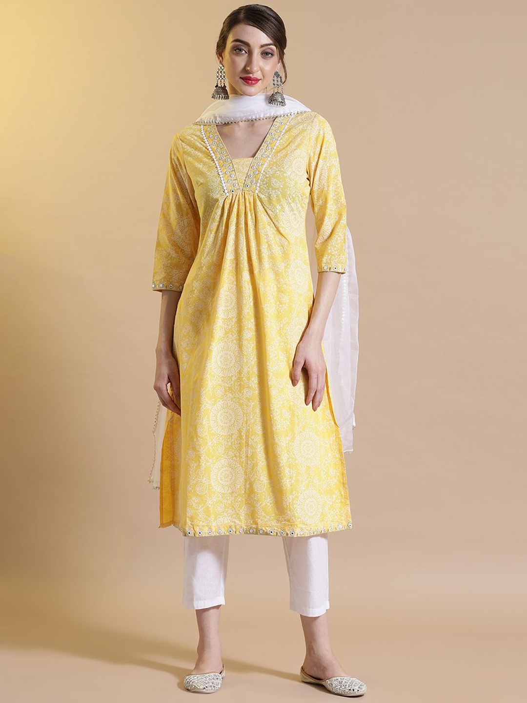 

STYLEBAAZI Floral Printed Pleated Mirror Work A-Line Kurta With Trouser And Dupatta, Yellow