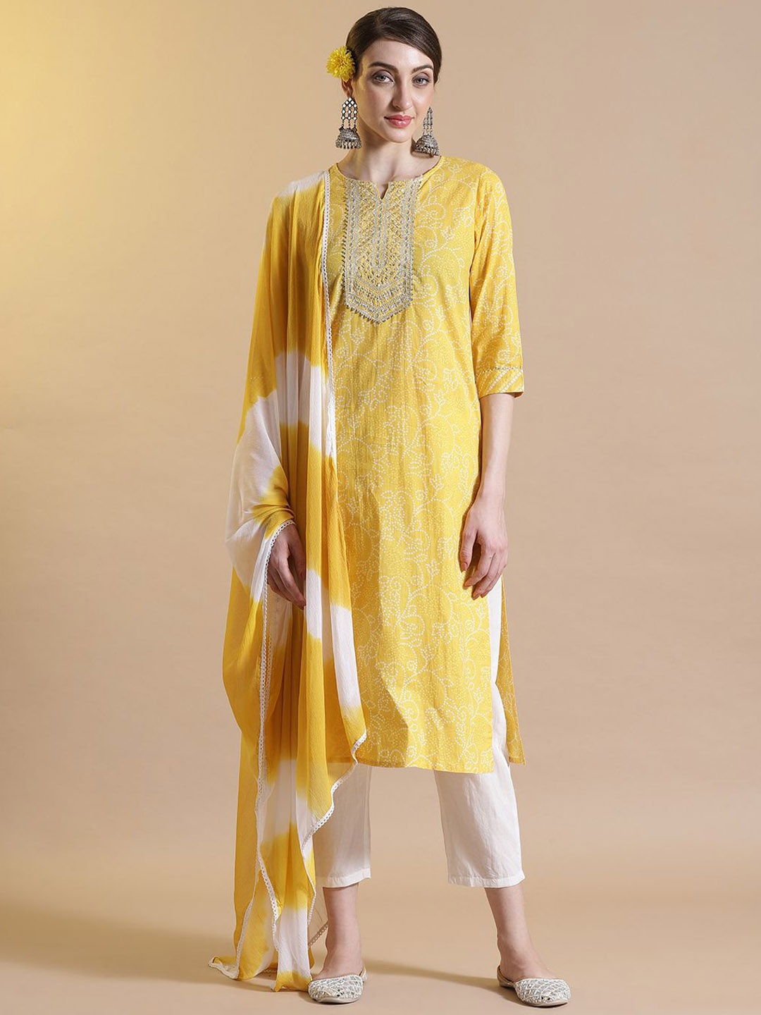 

STYLEBAAZI Bandhani Printed Notch-Neck Pure Cotton Straight Kurta With Trousers & Dupatta, Yellow