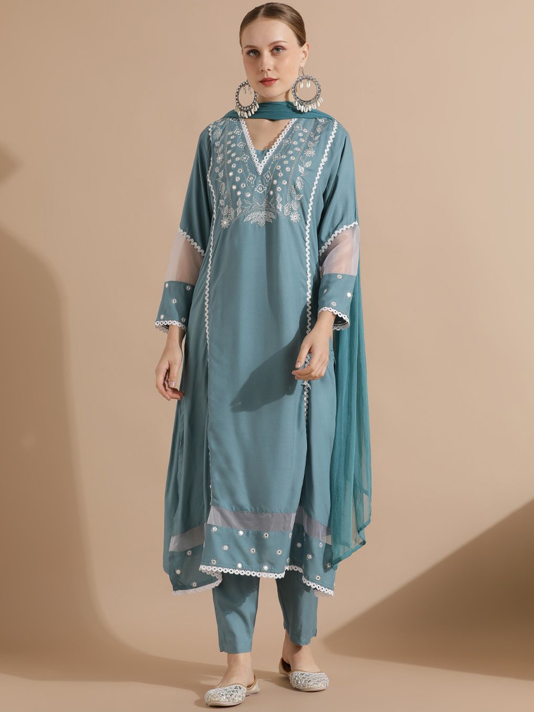 

STYLEBAAZI V-Neck Floral Embroidered Straight Kurta With Trousers And Dupatta, Blue