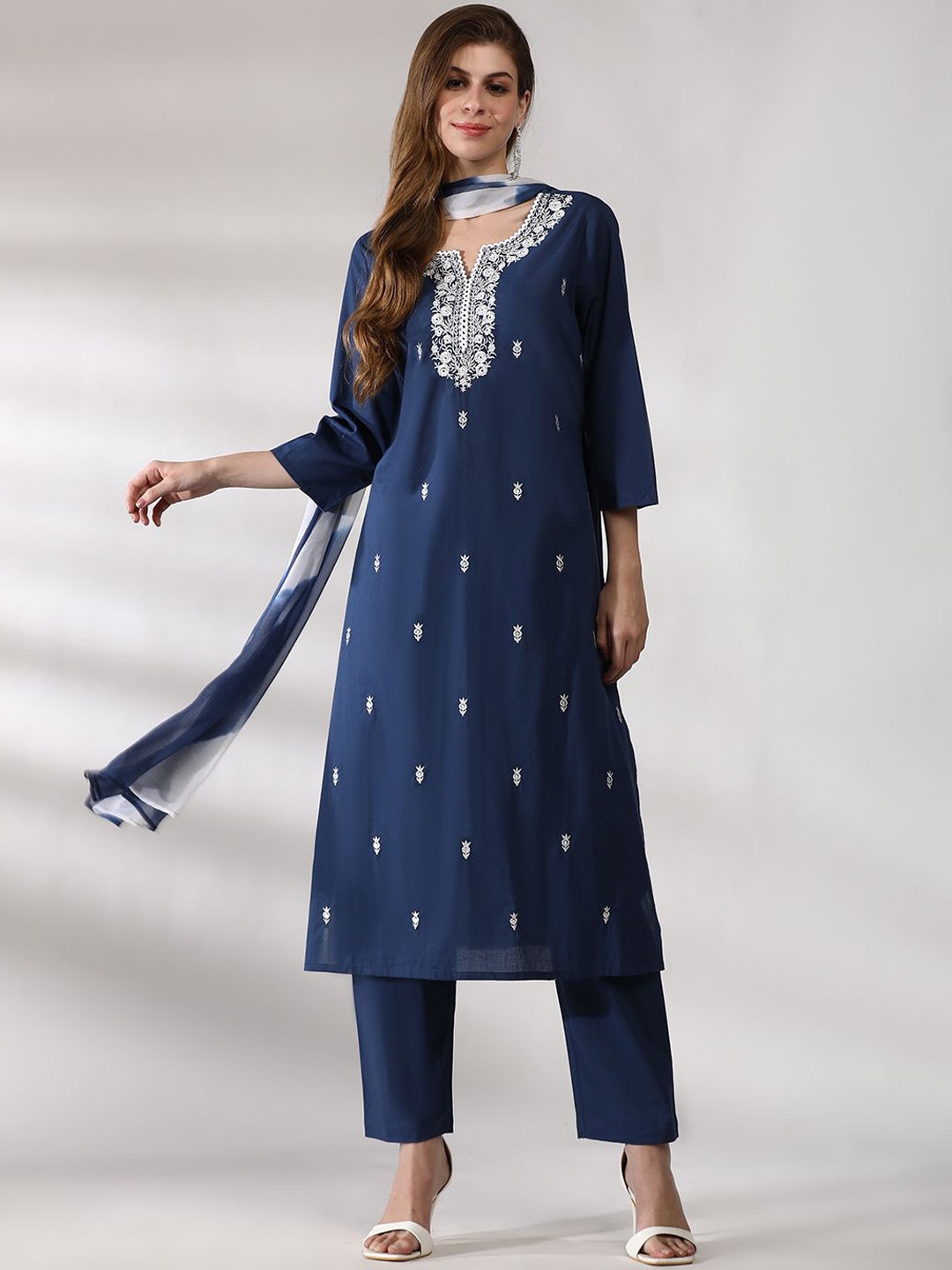 

STYLEBAAZI Notch-Neck Embroidered Pure Cotton Straight Kurta With Trousers & Dupatta, Navy blue