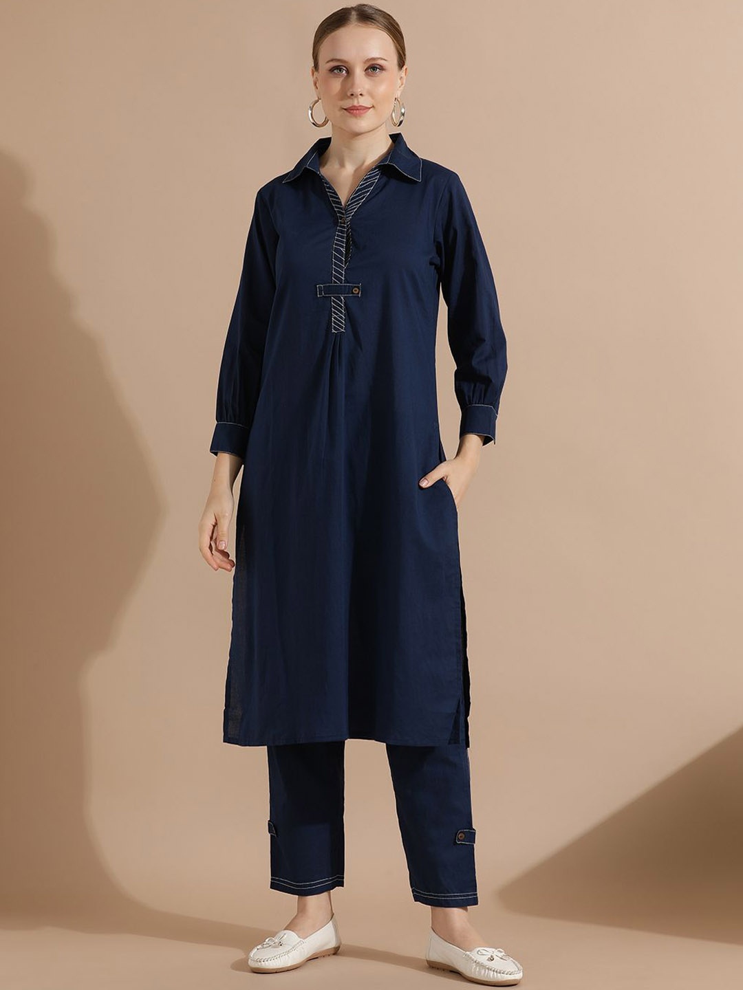 

STYLEBAAZI Shirt Collar Puffed Sleeves Pure Cotton Kurta With Trousers, Navy blue