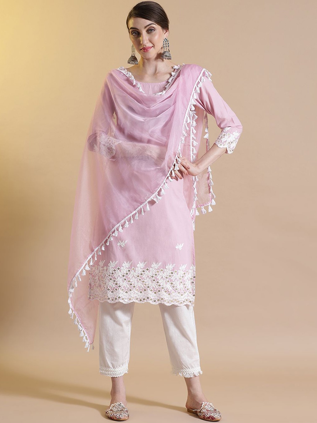 

STYLEBAAZI Floral Embroidered Pure Cotton Straight Kurta With Trouser & Dupatta, Pink