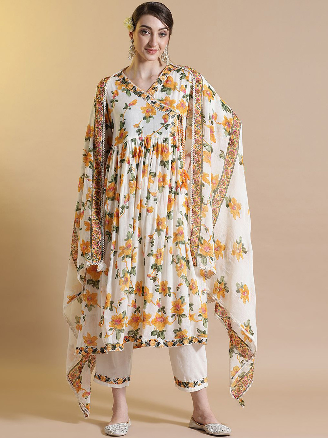 

STYLEBAAZI Floral Printed Pure Cotton V-Neck Angrakha Kurta With Trousers And Dupatta, White