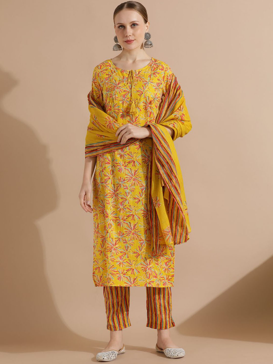 

STYLEBAAZI Floral Printed Tie-Up Neck Pure Cotton Straight Kurta With Trousers And Dupatta, Mustard