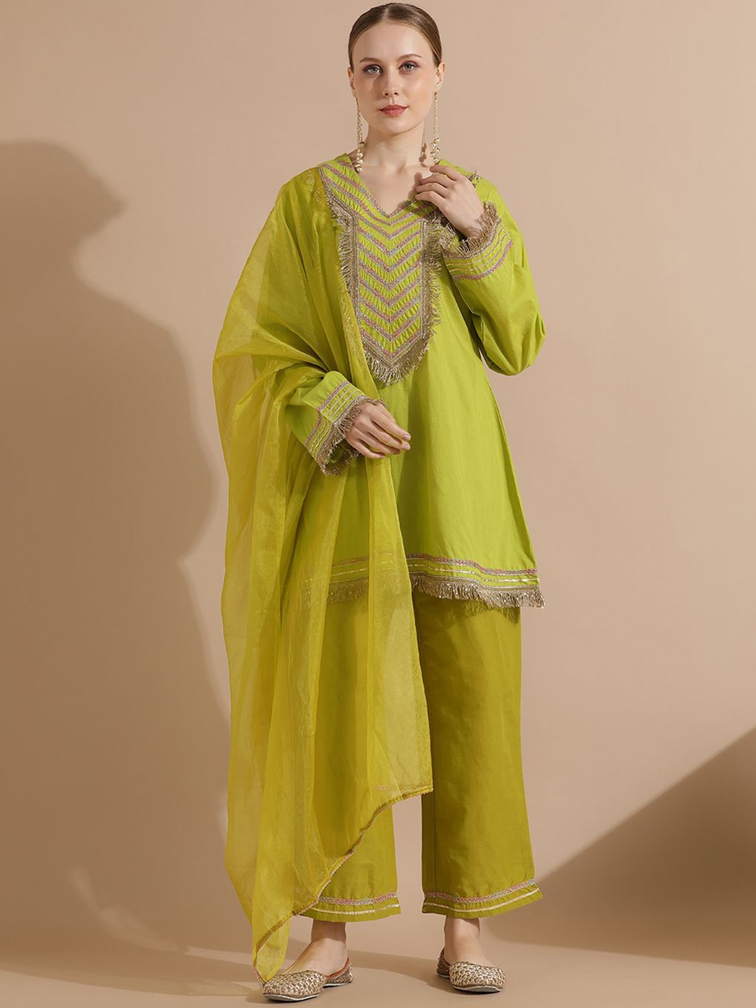 

STYLEBAAZI Ethnic Motifs Embroidered Pure Cotton V-Neck Kurta With Trousers And Dupatta, Green