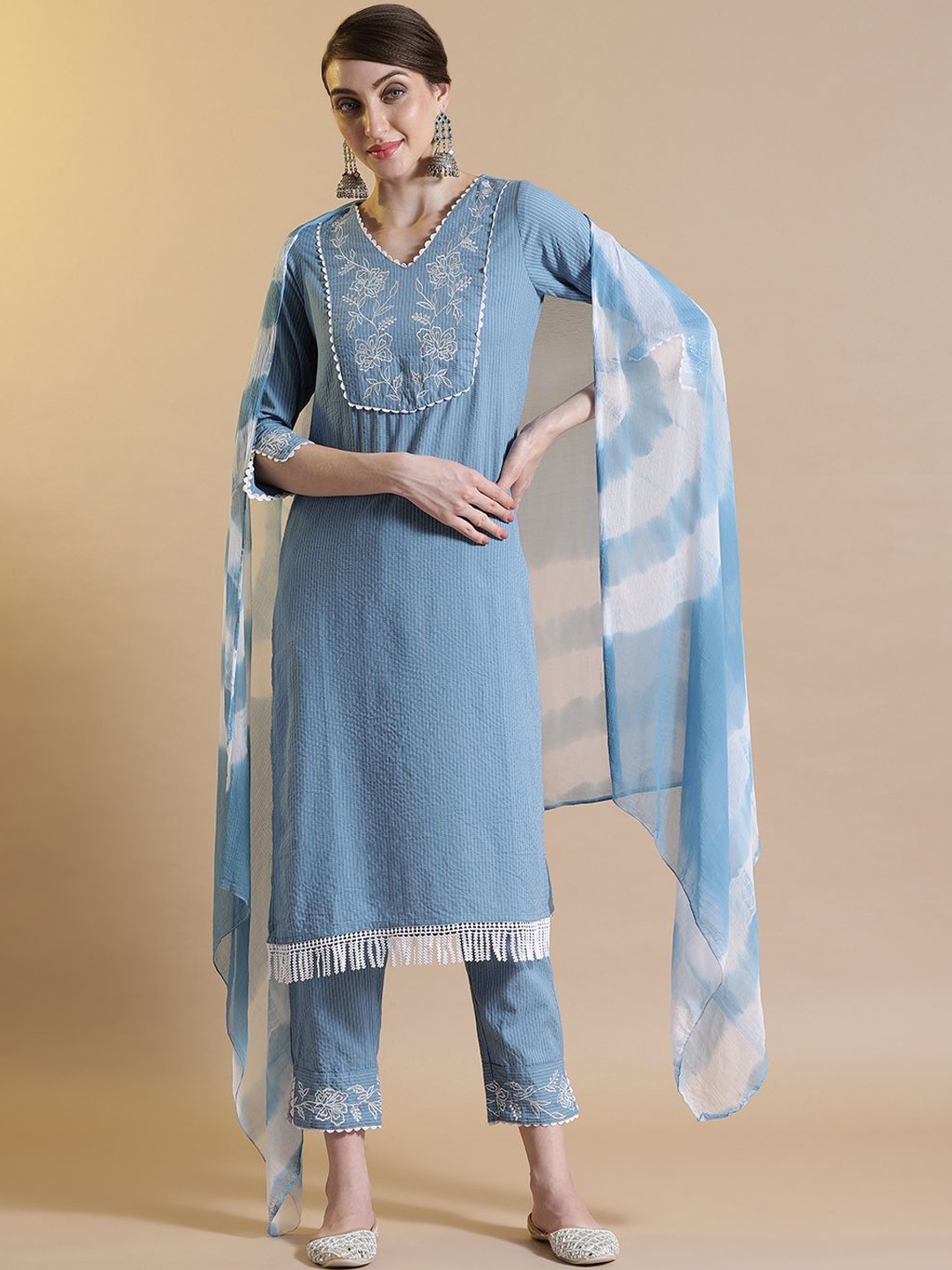 

STYLEBAAZI V-Neck Kantha Work Pure Cotton Straight Kurta With Trousers And Dupatta, Blue