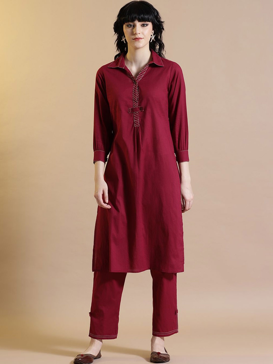 

STYLEBAAZI Shirt Collar Pure Cotton Kurta with Trousers, Maroon