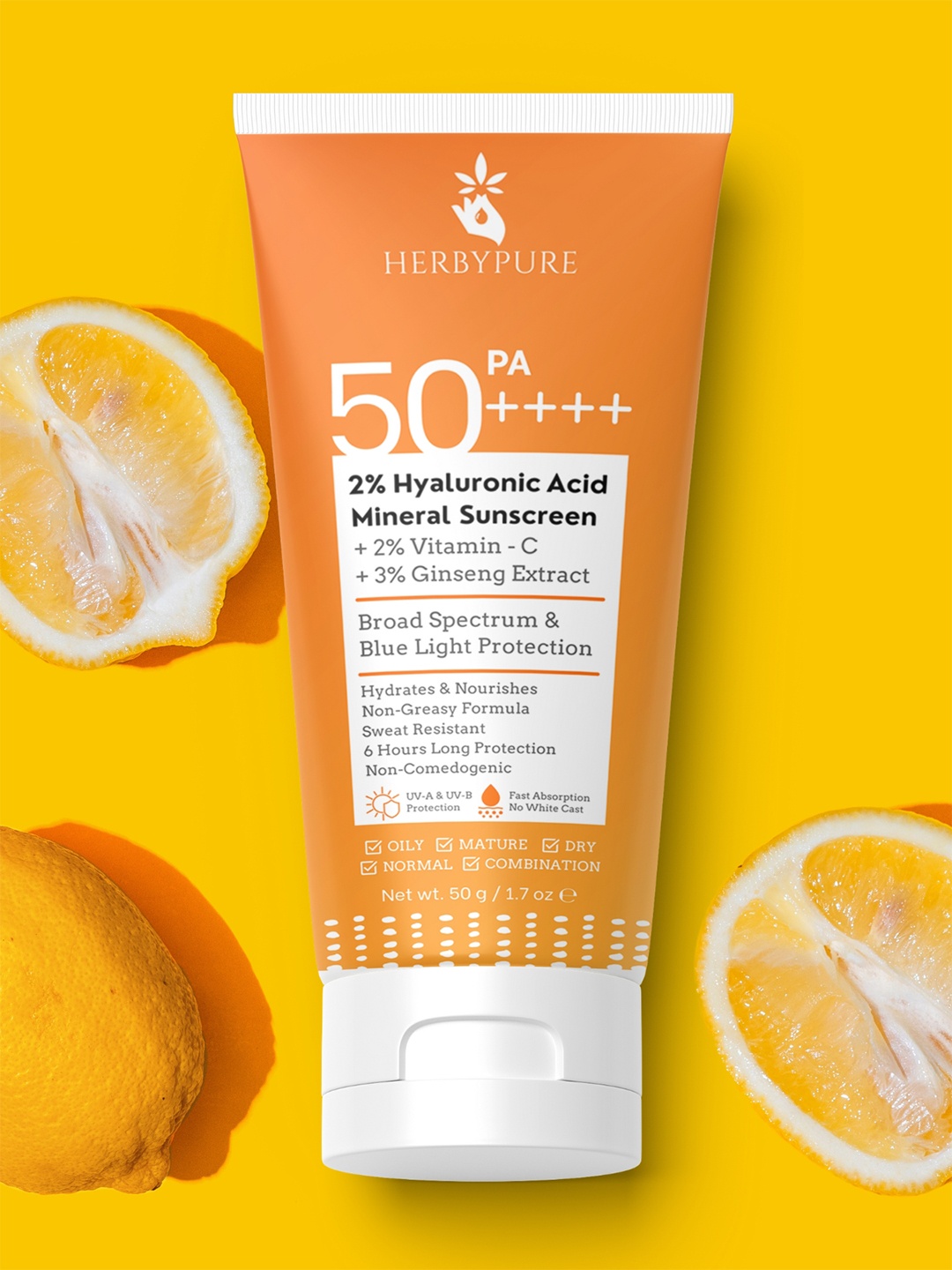 

Herby Pure 2% Hyaluronic Acid SPA 50 Mineral Sunscreen - 50g, Orange
