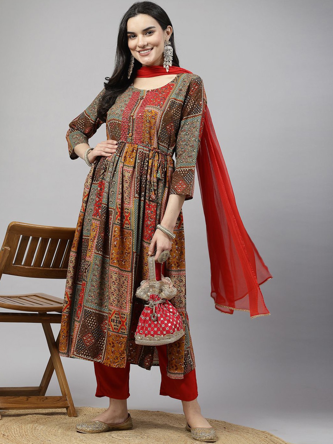 

Meet Desires Ethnic Motifs Printed Mirror Work Anarkali Kurta With Trouser And Dupatta, Red