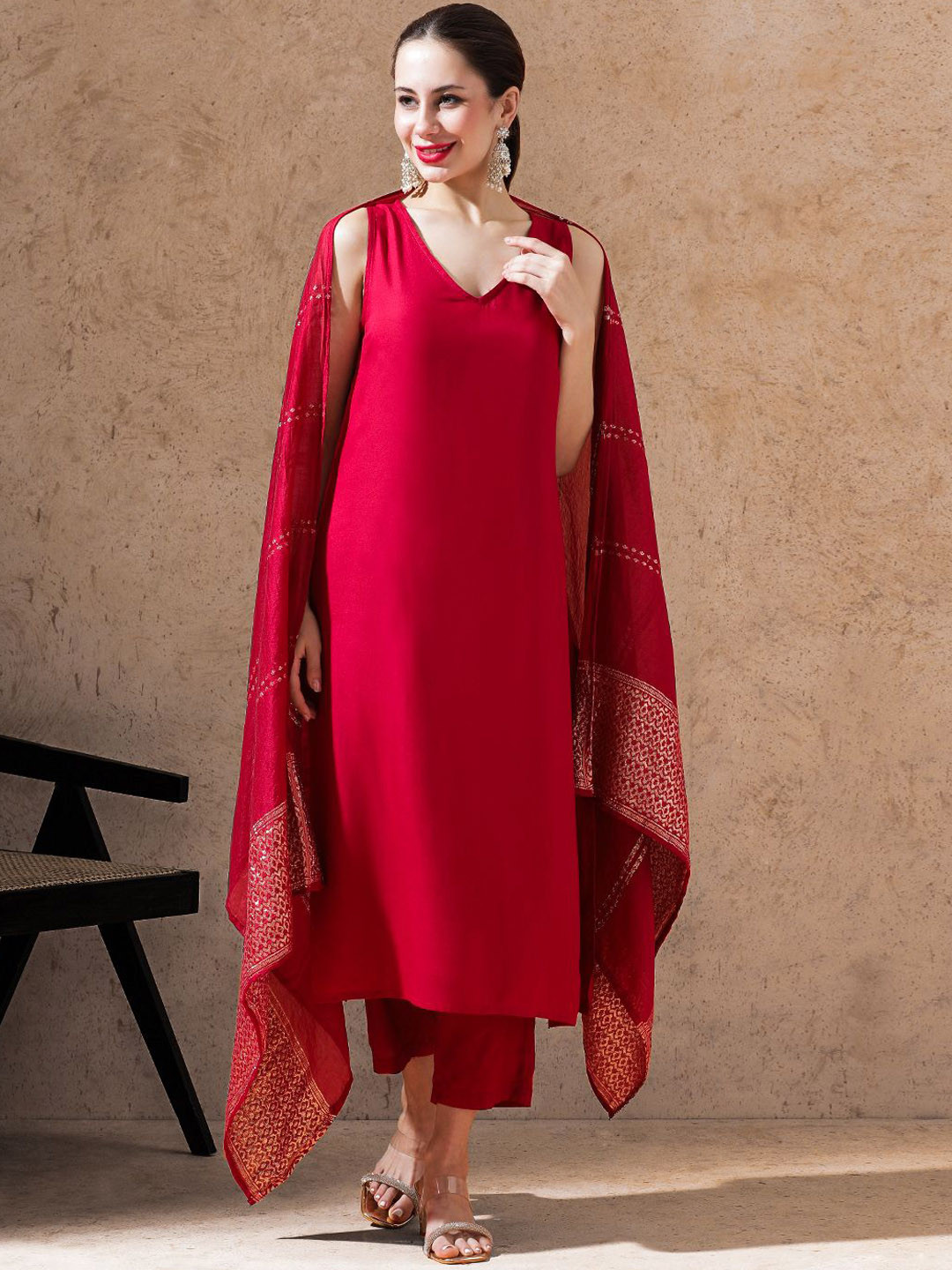 

STYLEBAAZI V Neck Straight Kurta with Trousers And Dupatta, Red