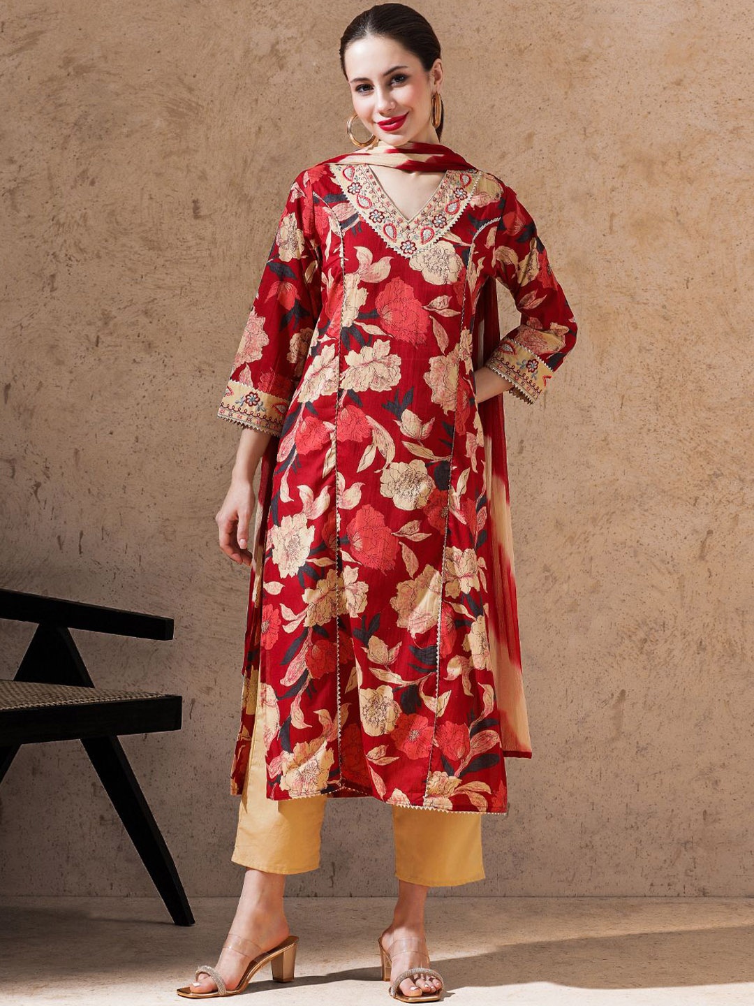 

STYLEBAAZI Floral Embroidered Pure Cotton Straight Kurta With Trouser & Dupatta, Red