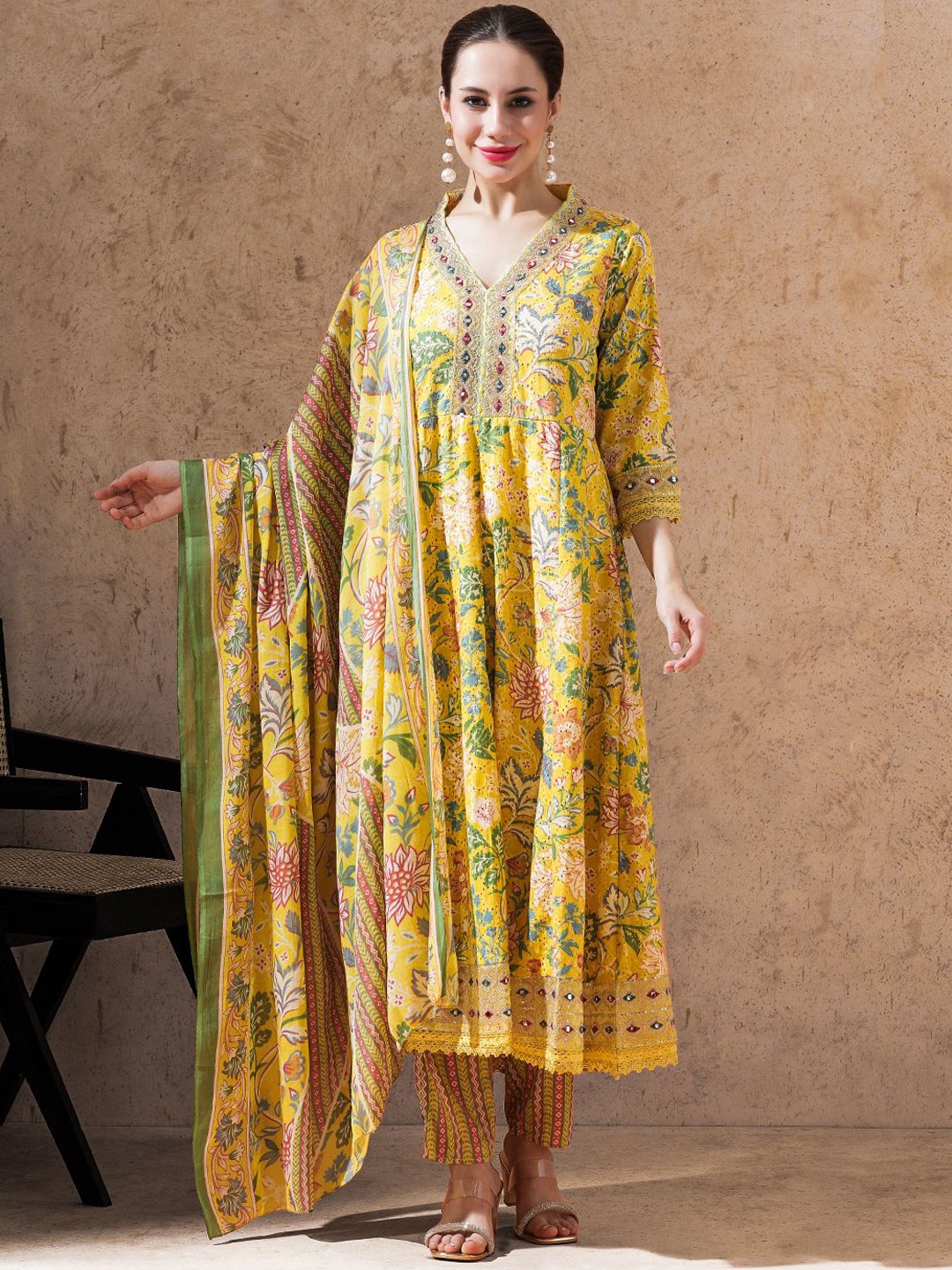 

STYLEBAAZI Floral Printed Schiffli Zari Pure Cotton Anarkali Kurta With Trouser & Dupatta, Yellow
