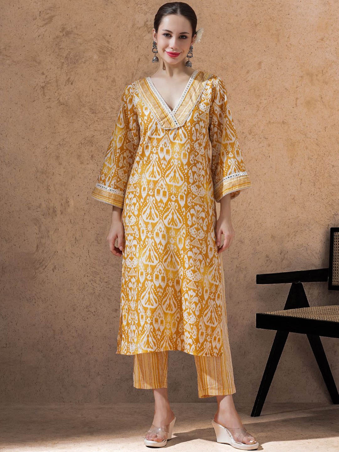 

STYLEBAAZI Ethnic Motifs Printed V-Neck Pure Cotton Straight Kurta With Trousers & Dupatta, Mustard