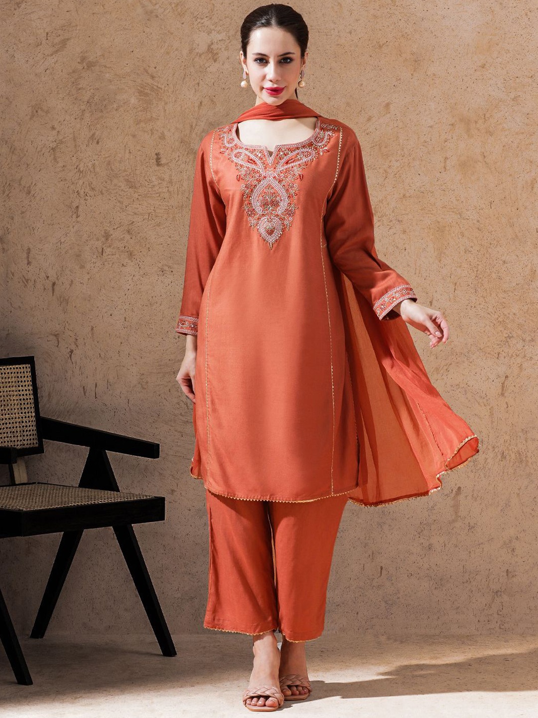 

STYLEBAAZI Floral Yoke Design Notch-Neck Straight Kurta With Trousers And Dupatta, Rust