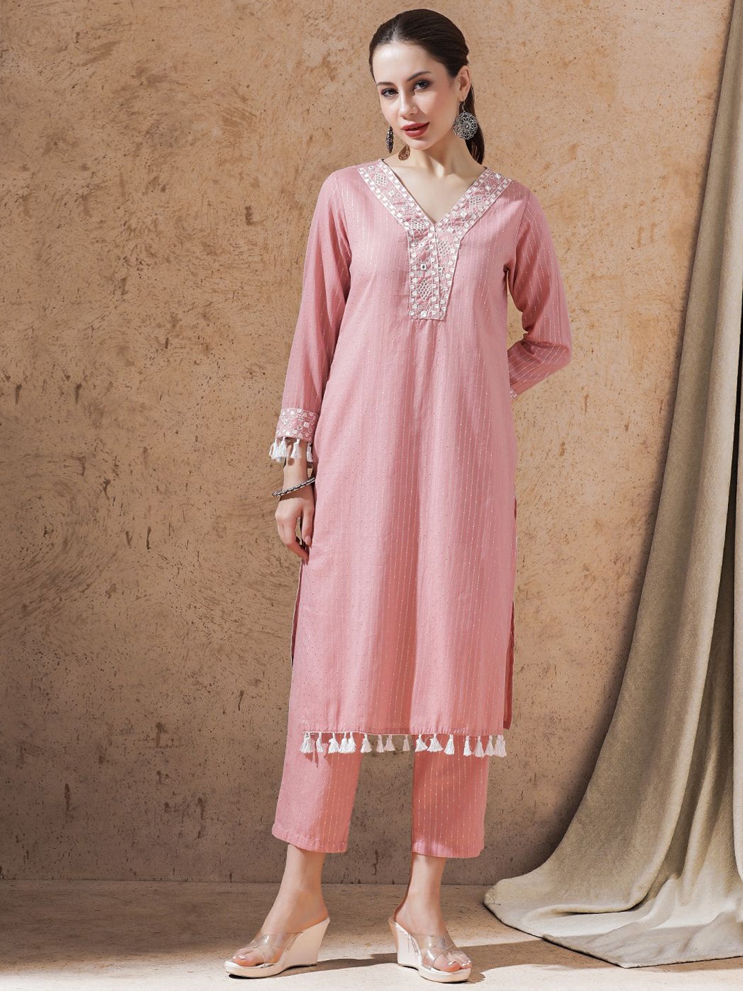 

STYLEBAAZI Floral Embroidered Pure Cotton Straight Kurta With Trouser & Dupatta, Pink
