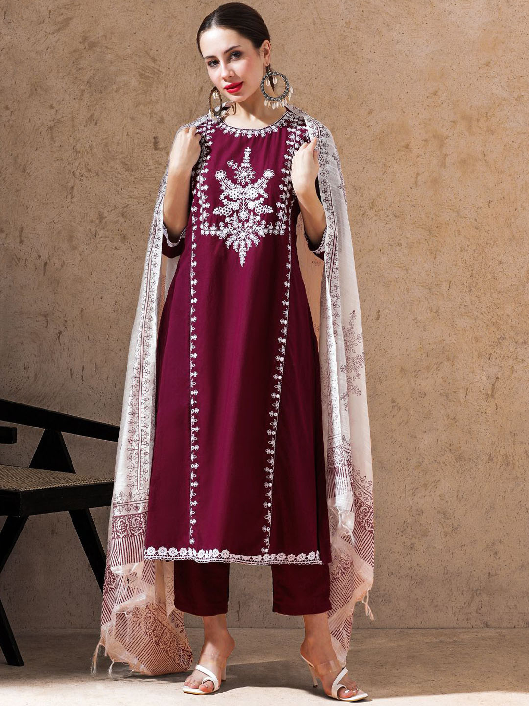 

STYLEBAAZI Floral Embroidered Mirror Work Pure Cotton Kurta With Trousers And Dupatta, Maroon