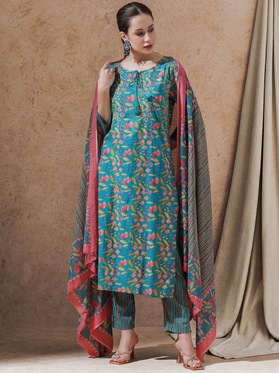 

STYLEBAAZI Floral Printed Sequinned Straight Kurta With Trouser And Dupatta, Teal